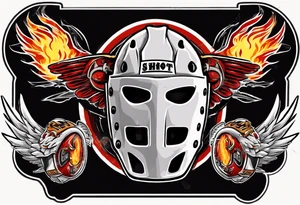 hockey puck with flaming wings and a goalie mask that says "SHOT HOCKEY" tattoo idea