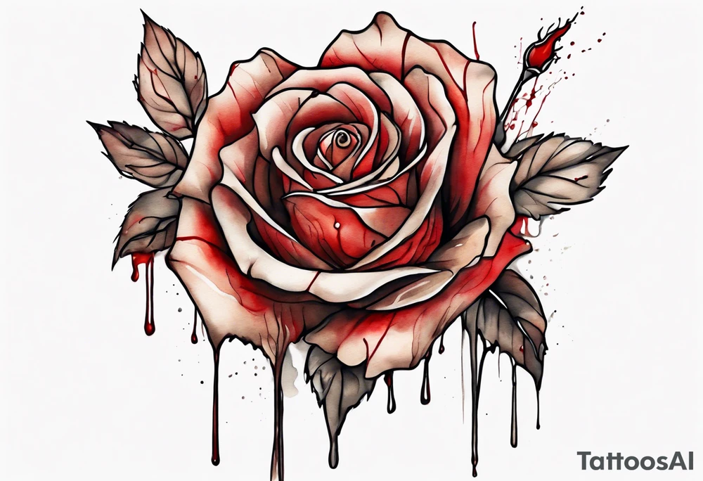 rose flower, one line, red blood dripping from the flower, tall, watercolor on light brown skin tattoo idea