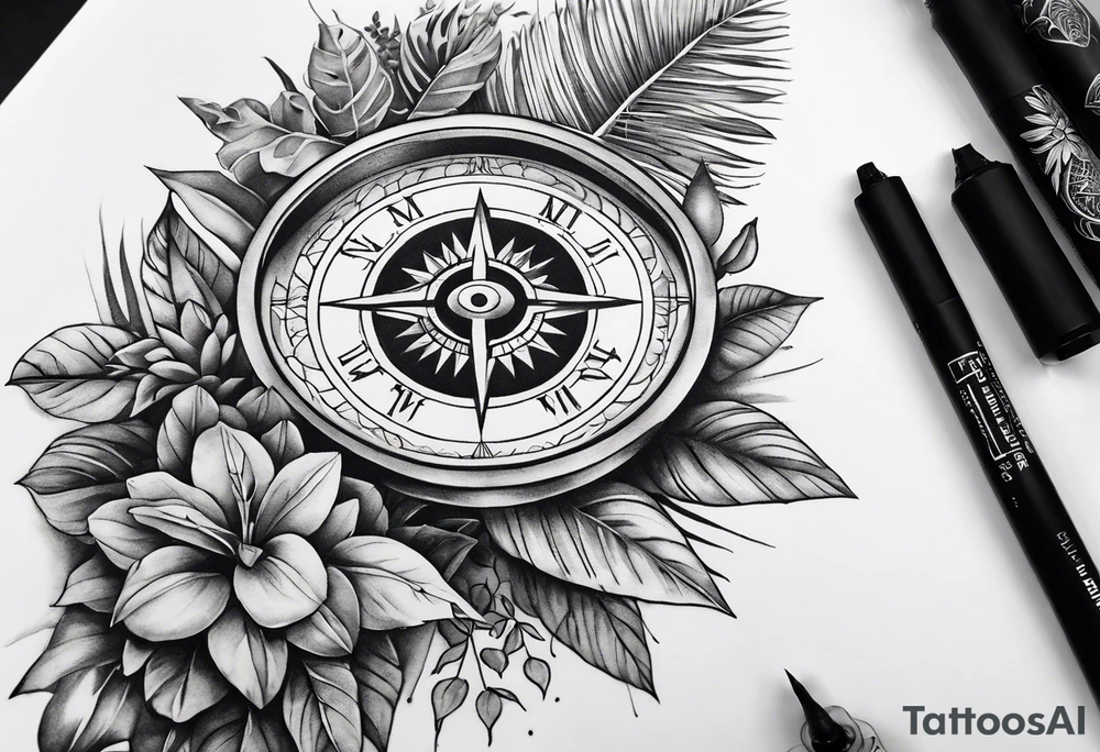 sleeve tattoo with jungle plants, compass, all-seeing eye tattoo idea