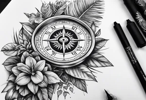 sleeve tattoo with jungle plants, compass, all-seeing eye tattoo idea