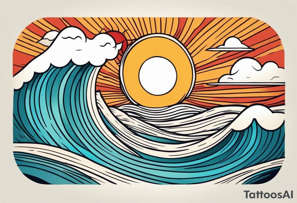ocean waves with sun tattoo vintage traditional simple and bold colors tattoo idea