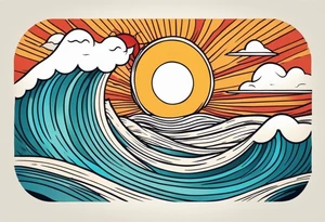 ocean waves with sun tattoo vintage traditional simple and bold colors tattoo idea