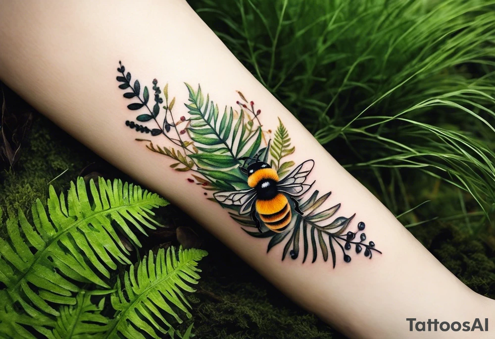 forest floor inspired minimalist tattoo, which includes grass, curly ferns, moss and dead leaves as the bulk of the tattoo. details to include: forest berries, a tiny bumblebee flying nearby, three small brown mushrooms
Generate a vertically long one tattoo idea