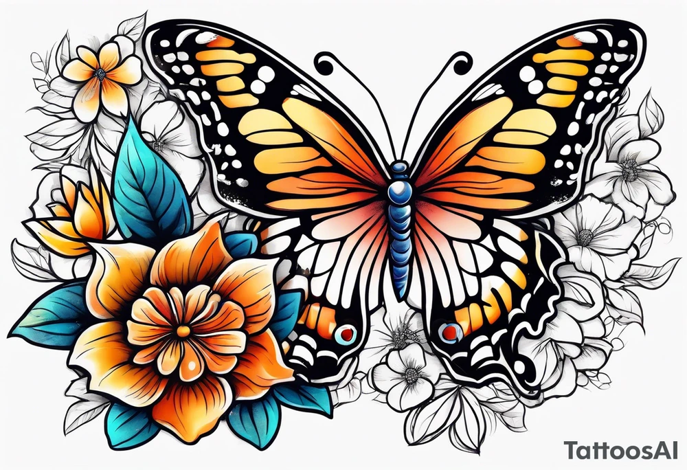 2 flowers on top of eachother with a butterfly underneath tattoo idea