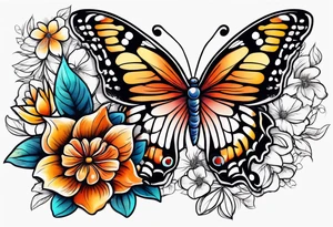 2 flowers on top of eachother with a butterfly underneath tattoo idea