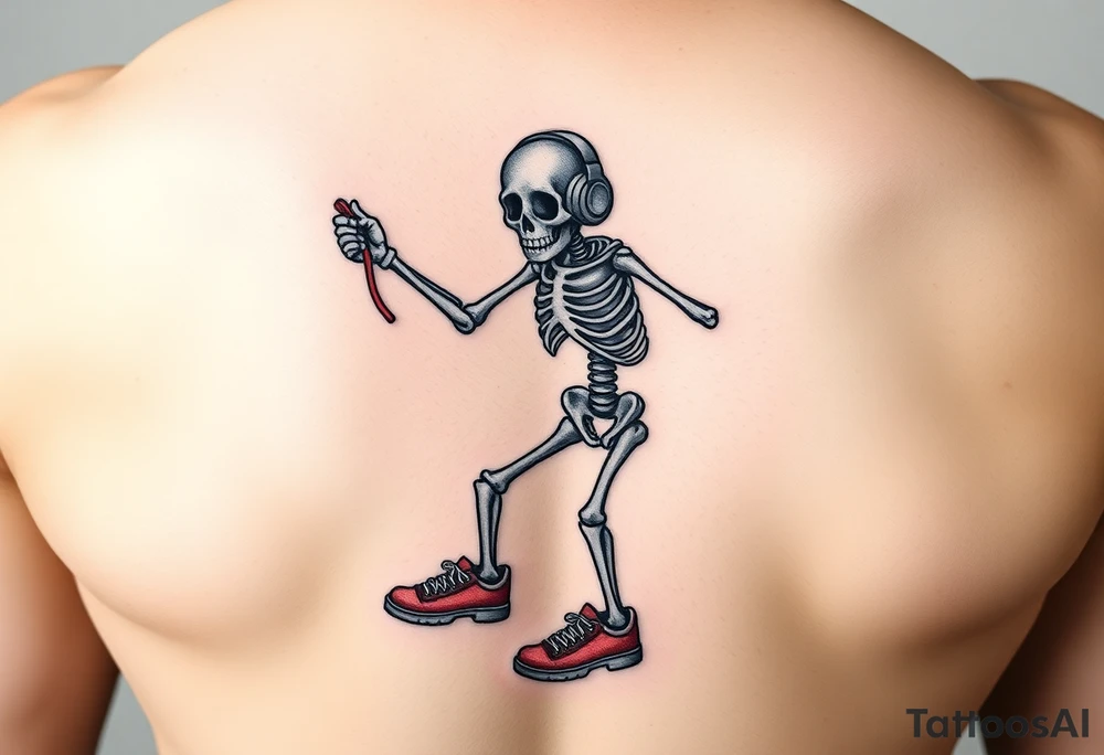 Funny skeleton exercises on a jump rope with a headphones colorful tennis shoes tattoo idea