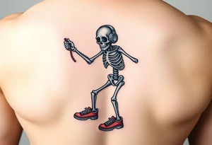 Funny skeleton exercises on a jump rope with a headphones colorful tennis shoes tattoo idea