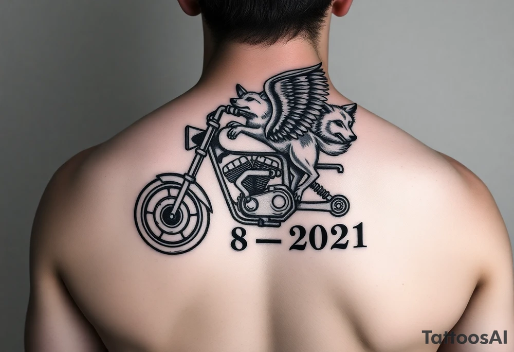 the year 1958 - 2021 with a motorcycle on it with guardian angel wolves tattoo idea