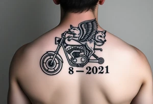 the year 1958 - 2021 with a motorcycle on it with guardian angel wolves tattoo idea