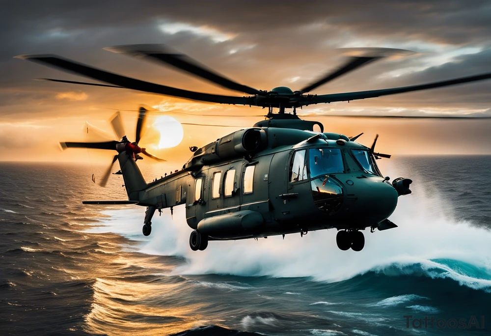 A cinematic-style tattoo depicting a Canadian military CH-148 Cyclone helicopter performing a daring maneuver over a turbulent ocean. The sky should be filled with dramatic clouds, and the sun should be setting, casting long shadows. The helicopter should be the main focus, with intricate details and a sense of motion. In the background, a poppy should be prominently displayed, and a quote from 'Lest We Forget' should be included tattoo idea
