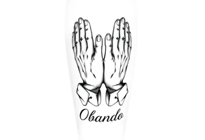 Prayer hands with Last Name Obando on calf tattoo idea