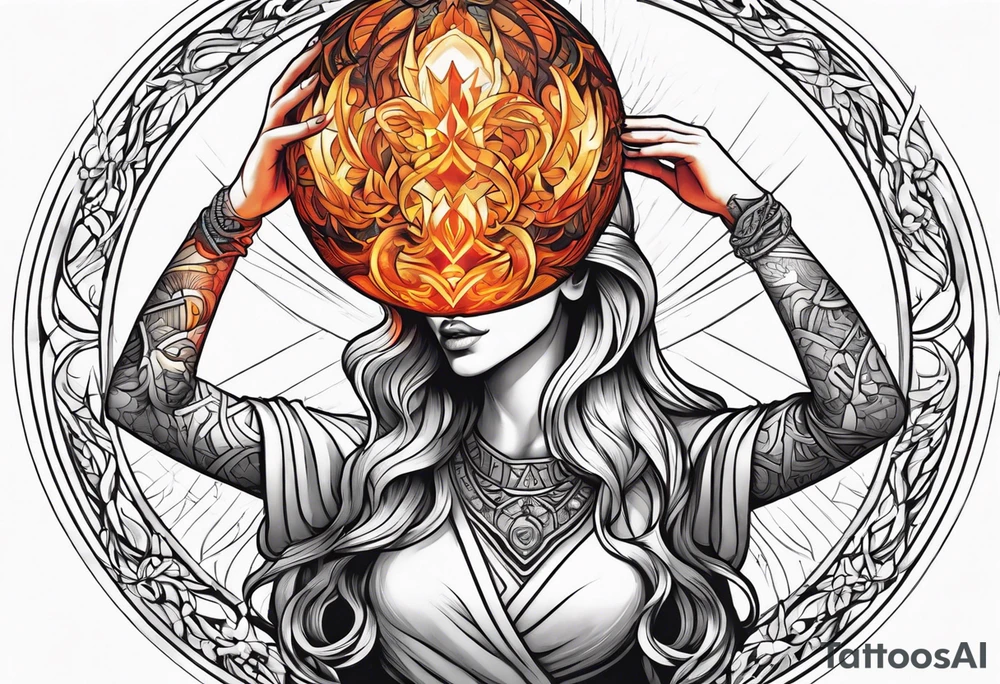 Woman holding fiery ball of divinity in hands over her head tattoo idea