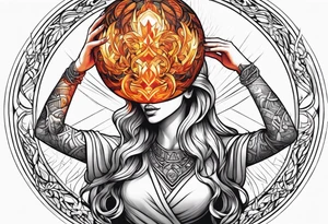 Woman holding fiery ball of divinity in hands over her head tattoo idea