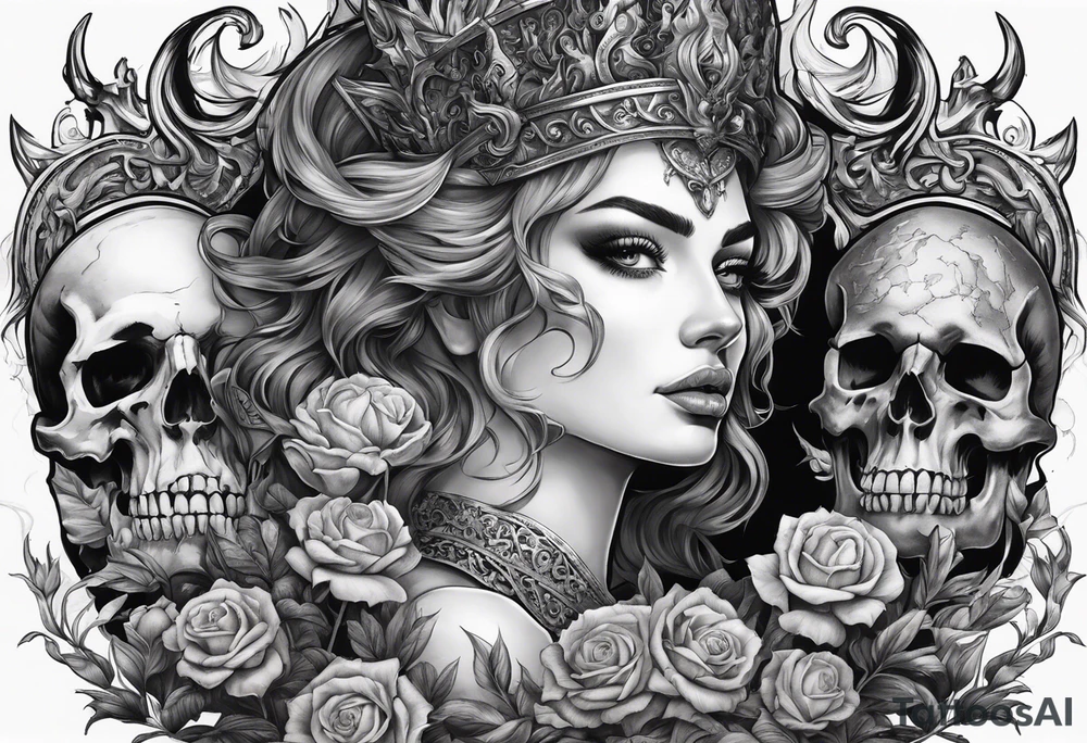 Hades wearing a black crown and Persephone in Hell surrounded by skulls and fire tattoo idea