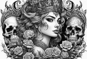 Hades wearing a black crown and Persephone in Hell surrounded by skulls and fire tattoo idea