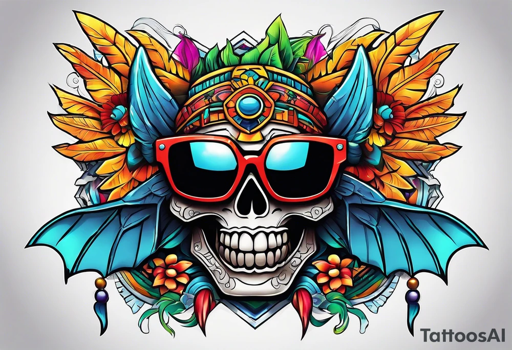 Colorful Mayan hieroglyph wearing sunglasses with bats and water tattoo idea