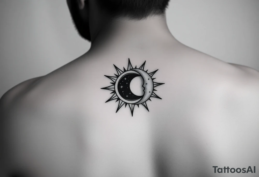 celestial sun and moon embrace with constellation patterns tattoo idea