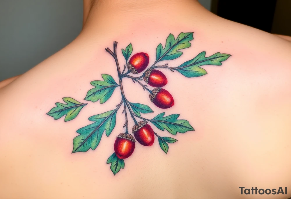 on the hand an oak branch with thick leaves and acorns an oak branch with thick leaves and acorns oak branch with thick leaves and acorns tattoo idea