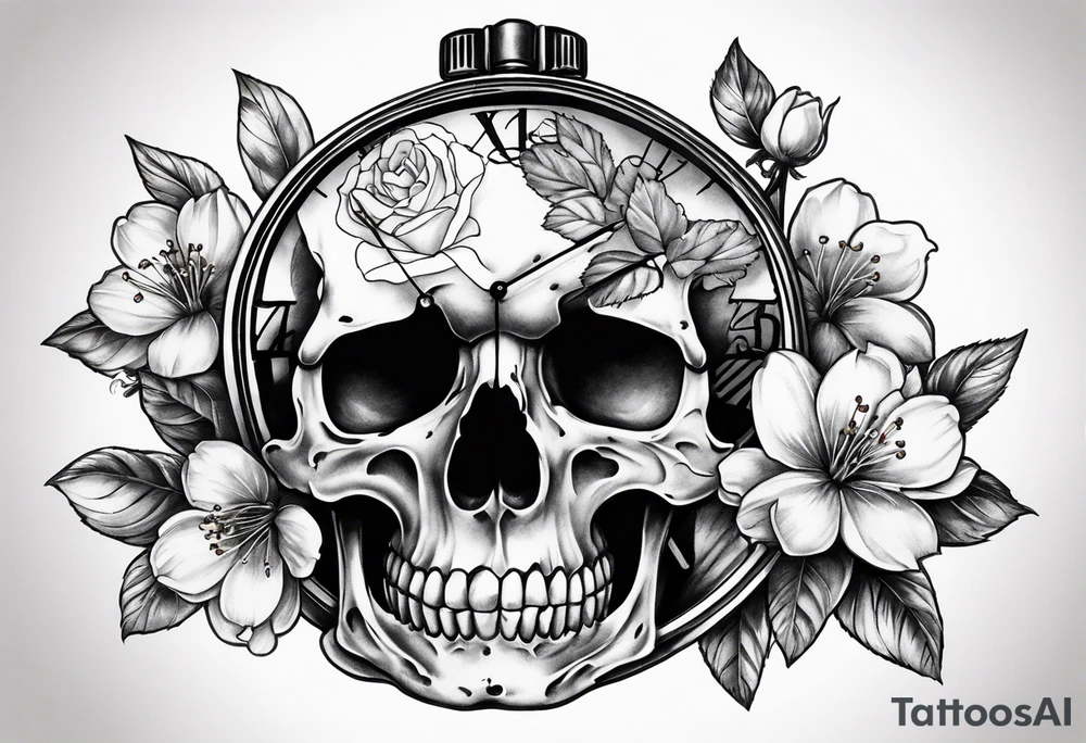 Stopwatch skull and cherry bloom tattoo idea