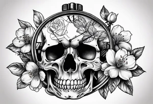Stopwatch skull and cherry bloom tattoo idea