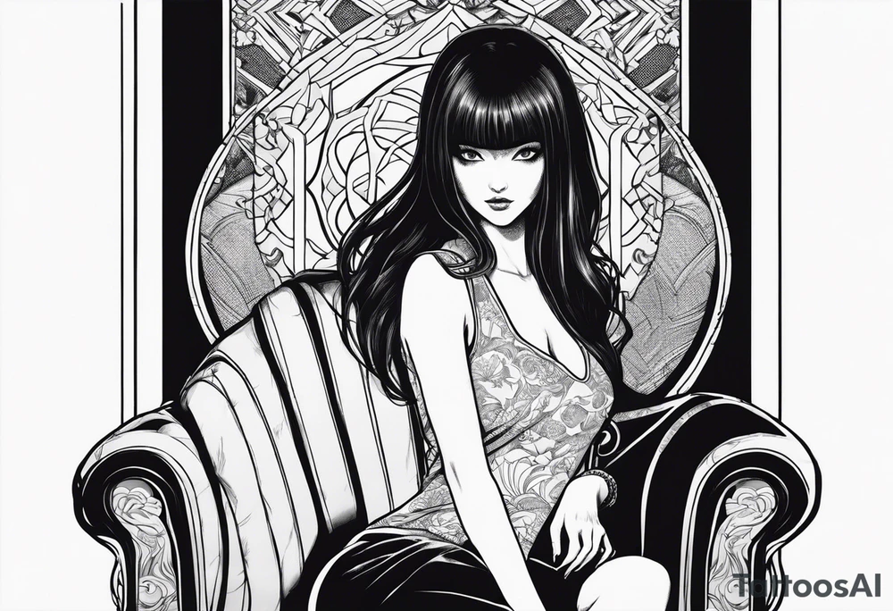 Portrait of tomie sitting on a chair. Tomie is a character of the autor junji ito tattoo idea