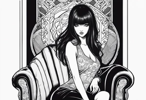 Portrait of tomie sitting on a chair. Tomie is a character of the autor junji ito tattoo idea
