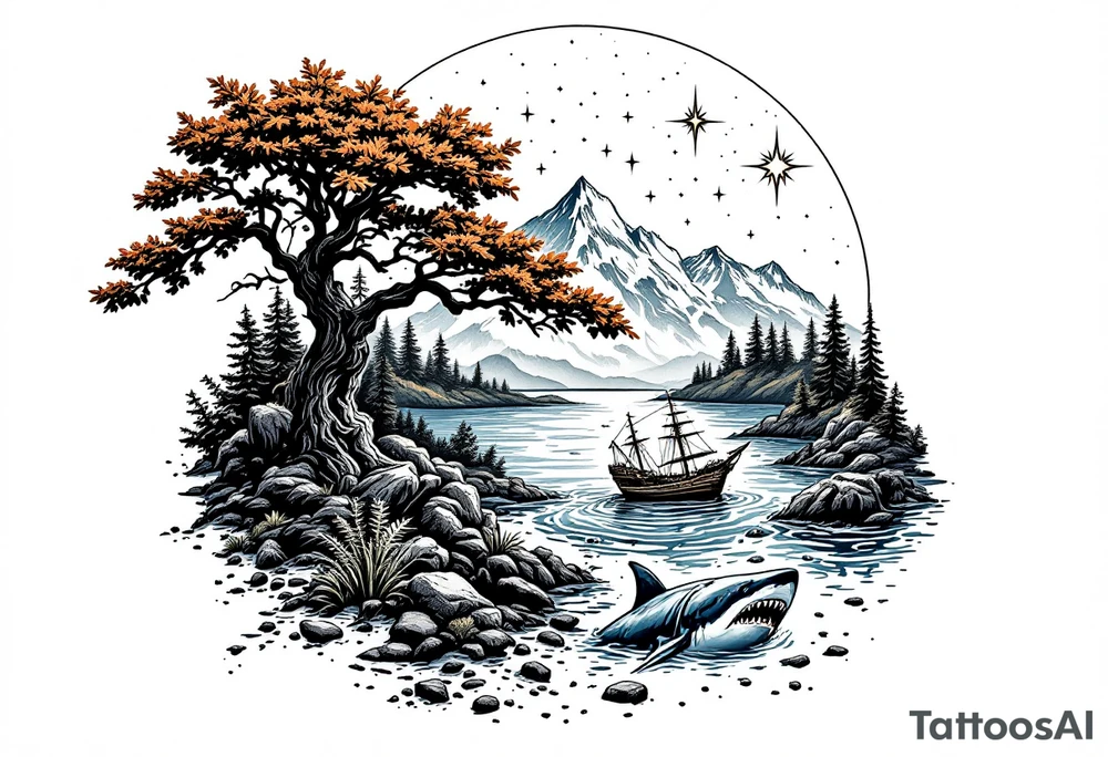 tattoo that has an acacia tree with forest mountains, ocean with a ship wreck with sharks and the bright northern star tattoo idea