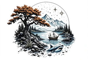 tattoo that has an acacia tree with forest mountains, ocean with a ship wreck with sharks and the bright northern star tattoo idea