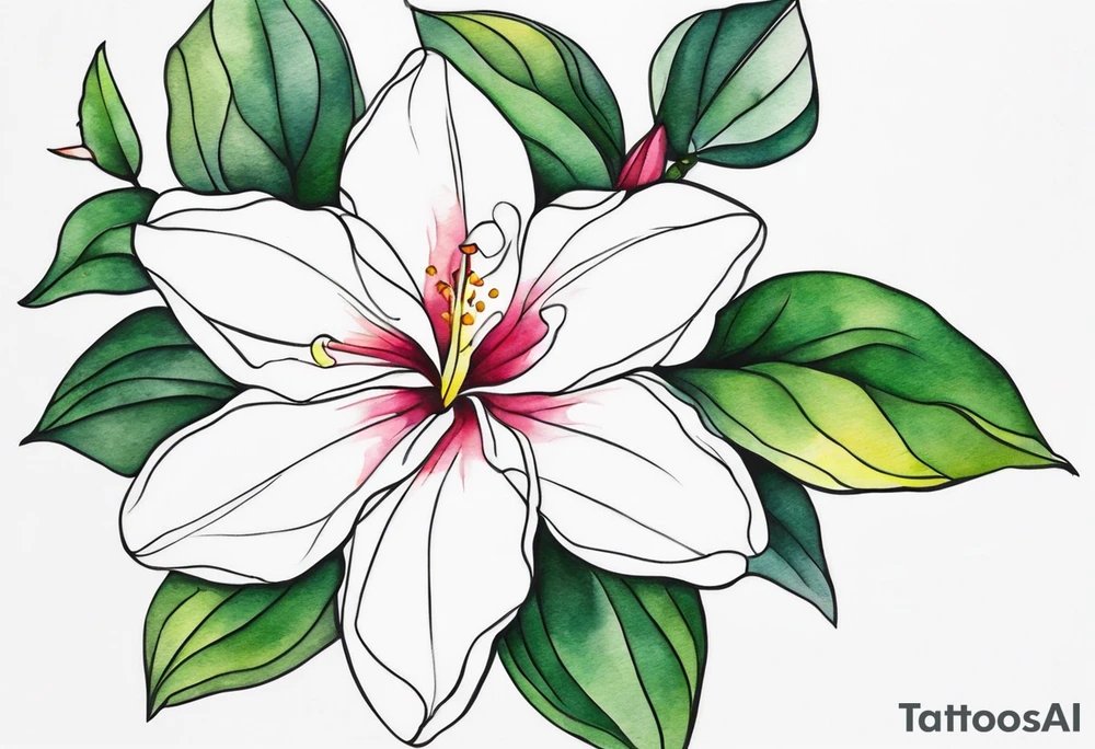 white background, abstract mandevilla flowers on a vine, part of it watercolor, part of it just line work tattoo idea