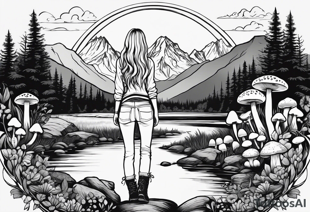 Whole picture encircled fully

Straight long blonde hair hippie girl in distance holding mushrooms in hand facing away toward mountains and creek surrounded by mushrooms long sleeve shirt and hiking pants; whole rendering within a full circle, no cut off circle tattoo idea