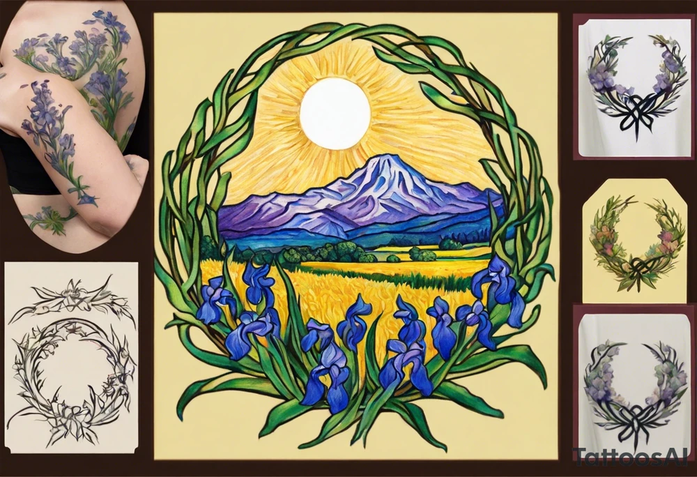 Create a small colorful Vincent van Gogh Irises tattoo in the form of a crescent, with vines or Celtic knots gracefully intertwining at a central point in the middle of the wreath.  In the middle of the wreath are mountains and other items found in New Mexico. Ensure that the design avoids the appearance of a bush and maintains a more structured and deliberate arrangement. The intended placement is on the upper chest. The overall design should be small in size while maintaining a delicate and artistic aesthetic. Pay attention to the graceful flow of the vines and the placement of the irises to achieve a refined and elegant look. tattoo idea
