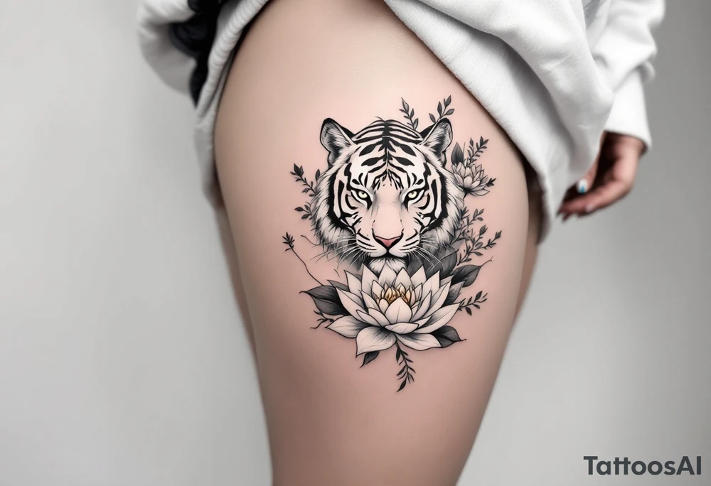 fierce tiger emerging through blooming lotus flowers in mist tattoo idea
