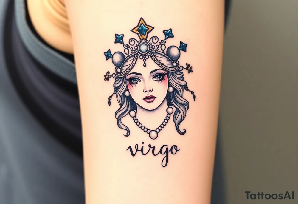 A regal Virgo queen with an intricate celestial headdress, adorned with silver moons, deep blue stars, and delicate pearls and the word virgo tattoo idea