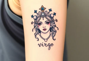 A regal Virgo queen with an intricate celestial headdress, adorned with silver moons, deep blue stars, and delicate pearls and the word virgo tattoo idea