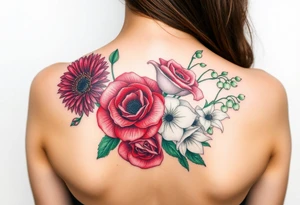 Bouquet of flowers with a garnet color Safire color aster, carnation, rose color rose, Lily of the valley, emerald color delphinium with stems Starting upper middle back to right shoulder tattoo idea