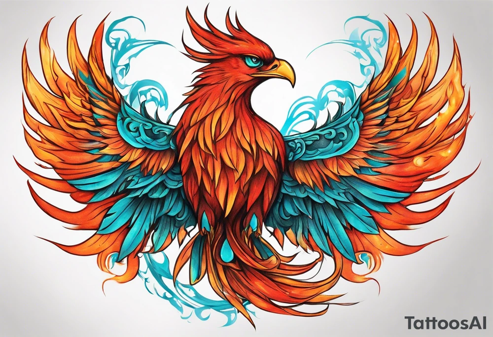 Proud Strong red orange phoenix with turquoise ends of flames wings tattoo idea