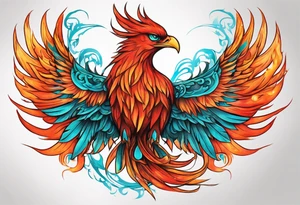 Proud Strong red orange phoenix with turquoise ends of flames wings tattoo idea