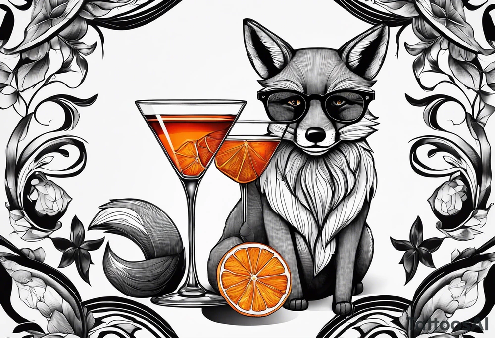 Geometric sly fox with beard and black horn rimmed glasses with Negroni in short lowball cocktail glass with ice and orange peel tattoo idea