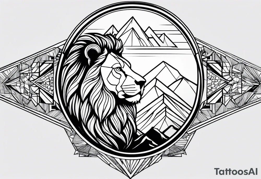 A geometric design with a lion head and a mountain tattoo idea