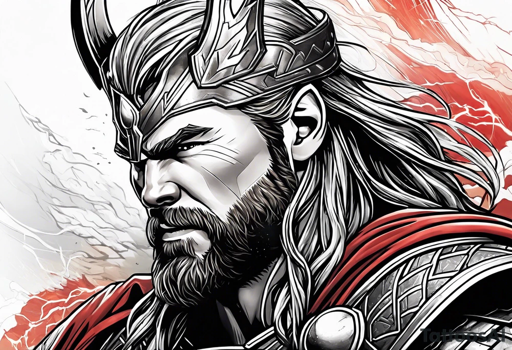 The Mighty Thor that looks like the Chris Hemsworth version with lightning in the background tattoo idea
