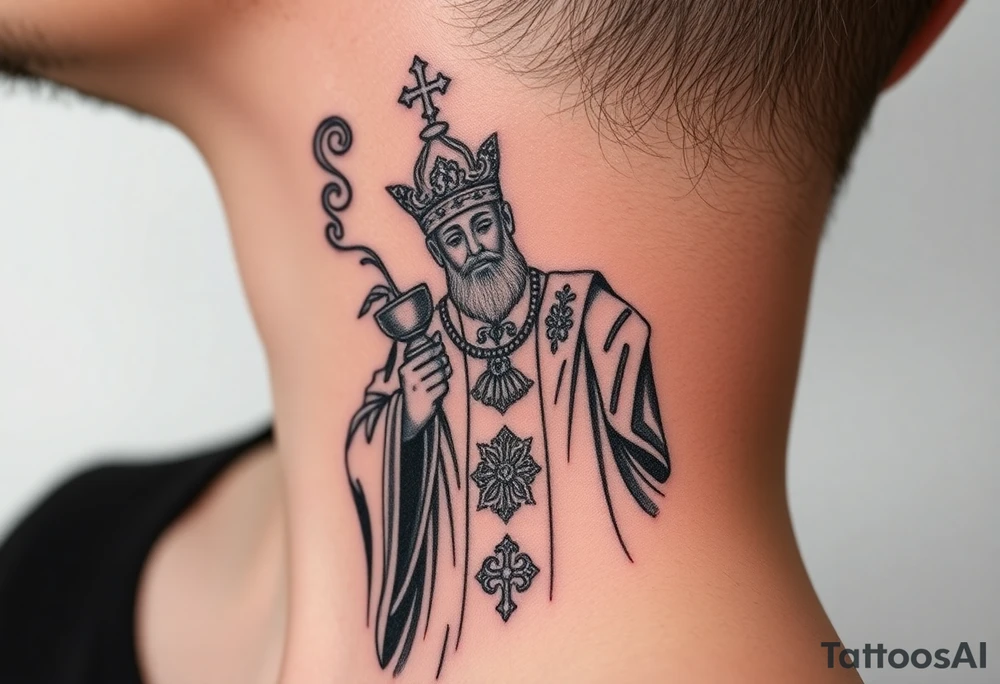 Russian Orthodox Priest in a fully detailed gold vestment swinging a censer with smoke curling upward tattoo idea