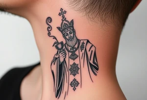 Russian Orthodox Priest in a fully detailed gold vestment swinging a censer with smoke curling upward tattoo idea