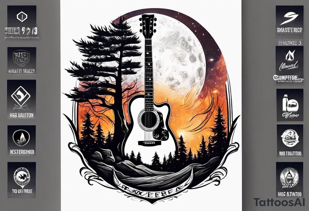 Guitar design moon tree campfire tattoo idea