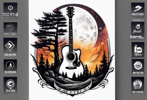 Guitar design moon tree campfire tattoo idea