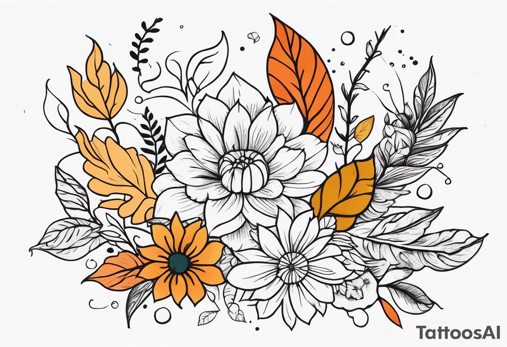 Full arm with fall colors, flowers, water, leaves and various shapes tattoo idea