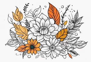 Full arm with fall colors, flowers, water, leaves and various shapes tattoo idea