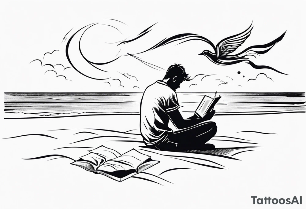 Someone is sitting on the beach reading a book and the pages are flying in the wind, the purpose of the tattoo is to emphasize that just as the pages are flying in the wind, you also have to flip through situations in life tattoo idea
