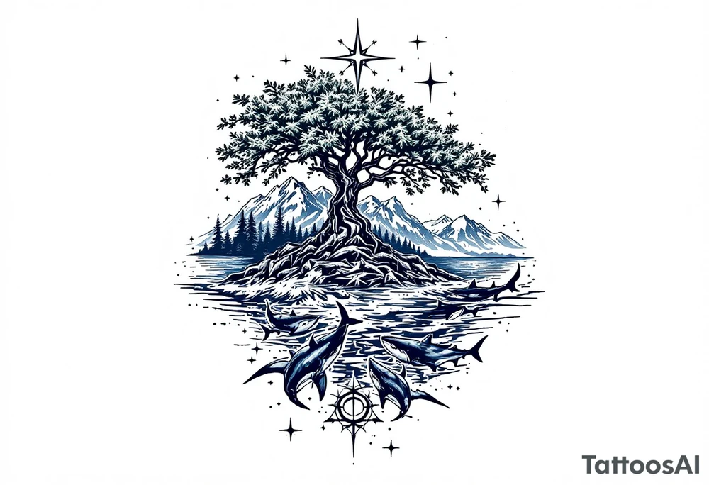 tattoo that has an acacia tree with forest mountains, ocean with a ship wreck with sharks and the bright northern star tattoo idea