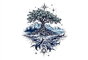 tattoo that has an acacia tree with forest mountains, ocean with a ship wreck with sharks and the bright northern star tattoo idea