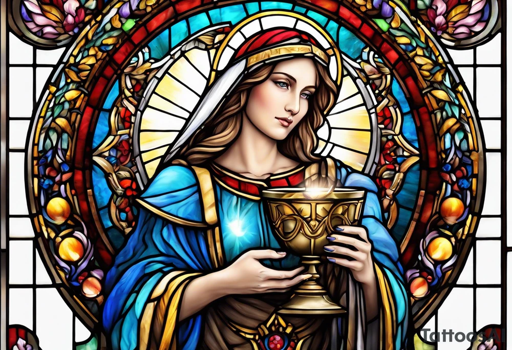 holy saint woman with halo stained glass holding a chalice with artillery tattoo idea